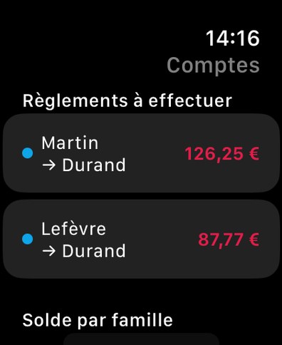 Majordino sur Apple Watch — comptes